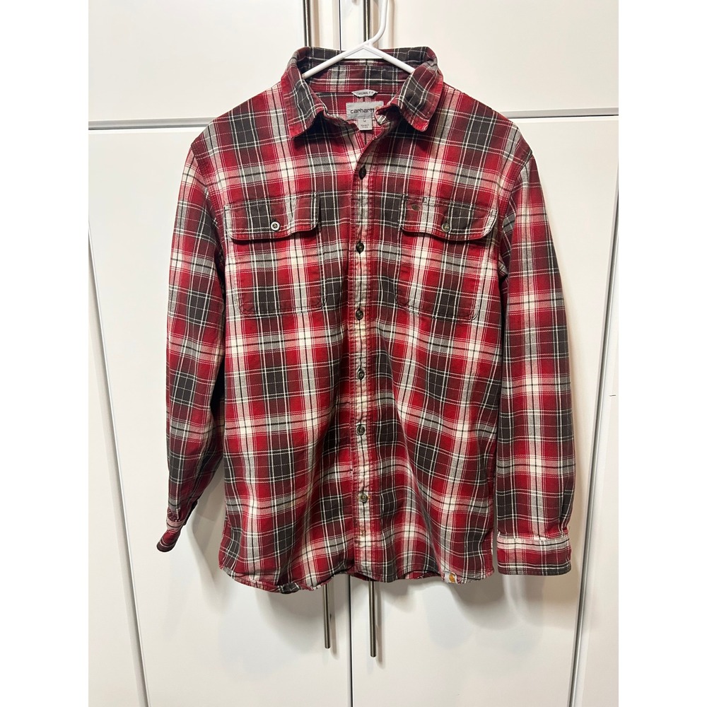 Carhartt Mens Medium Original Fit Red‎ Black Plaid Flannel Shirt Long Sleeve